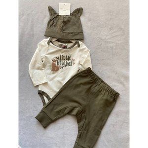 Max Studio Kids Little Brother 3pc SET bodysuit pant Hat woodland animal 0 3m 6m